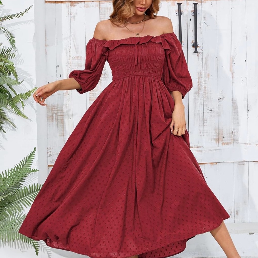 Red Ruffled Smocked Off-Shoulder Sundress